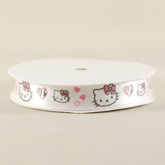 Hello Kitty Başı Resimli Beyaz Saten Kurdela 1.5 Cm. X 10 Metre