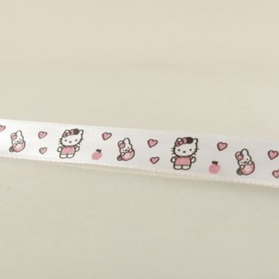 Hello Kitty Resimli Beyaz Saten Kurdela 1.5 Cm. X 10 Metre