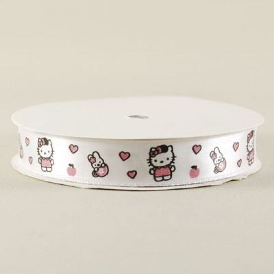 Hello Kitty Resimli Beyaz Saten Kurdela 1.5 Cm. X 10 Metre