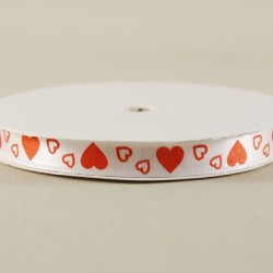 Kalpli Saten Kurdela Beyaz Üzerine Kırmızı Kalpli 1 Cm. X 10 Metre