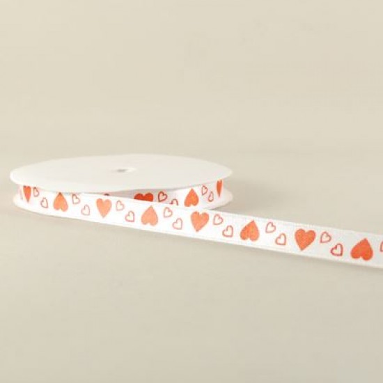 Kalpli Saten Kurdela Beyaz Üzerine Kırmızı Kalpli 1 Cm. X 10 Metre