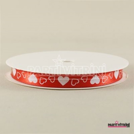 Kalpli Saten Kurdela Kırmızı Üzerine Beyaz Kalpli 1 Cm. X 10 Metre