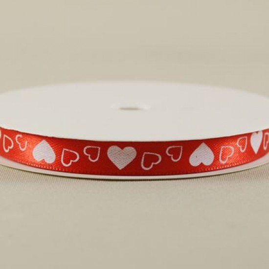 Kalpli Saten Kurdela Kırmızı Üzerine Beyaz Kalpli 1 Cm. X 10 Metre