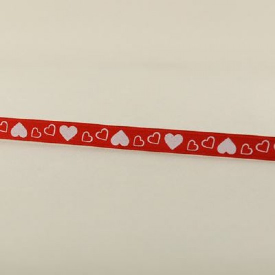 Kalpli Saten Kurdela Kırmızı Üzerine Beyaz Kalpli 1 Cm. X 10 Metre