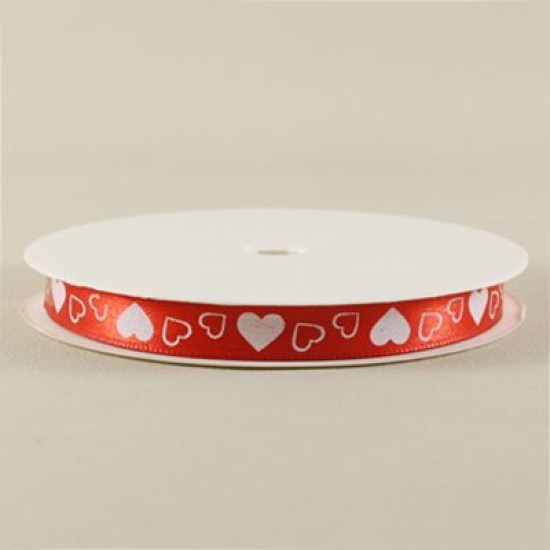 Kalpli Saten Kurdela Kırmızı Üzerine Beyaz Kalpli 1 Cm. X 10 Metre