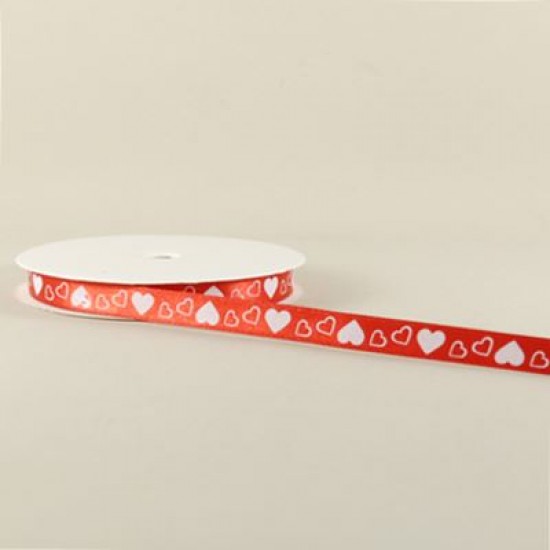 Kalpli Saten Kurdela Kırmızı Üzerine Beyaz Kalpli 1 Cm. X 10 Metre