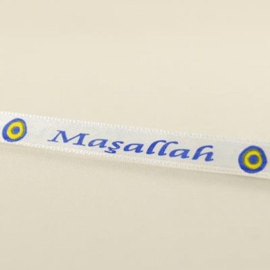 Maşallah Yazılı Saten Kurdela Beyaz 1 Cm. X 10 Metre