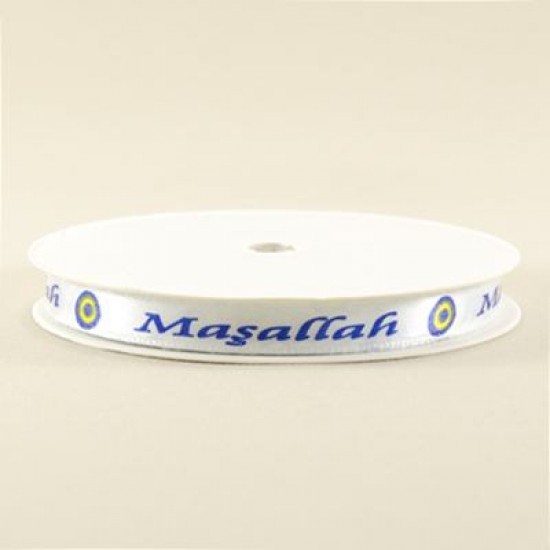 Maşallah Yazılı Saten Kurdela Beyaz 1 Cm. X 10 Metre