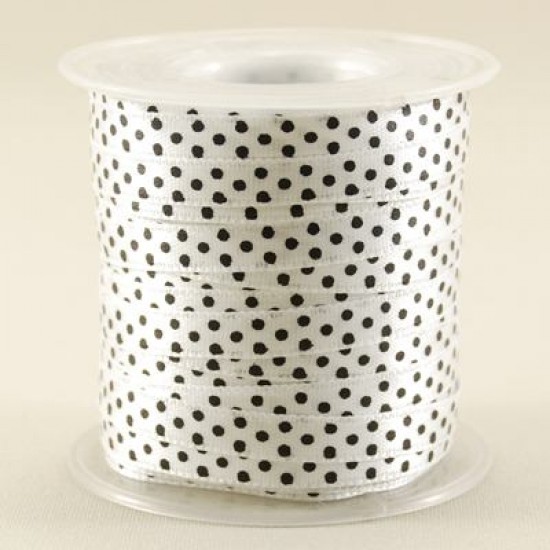 Beyaz Siyah Puantiyeli Saten Kurdela 0.6 Cm. X 40 Metre