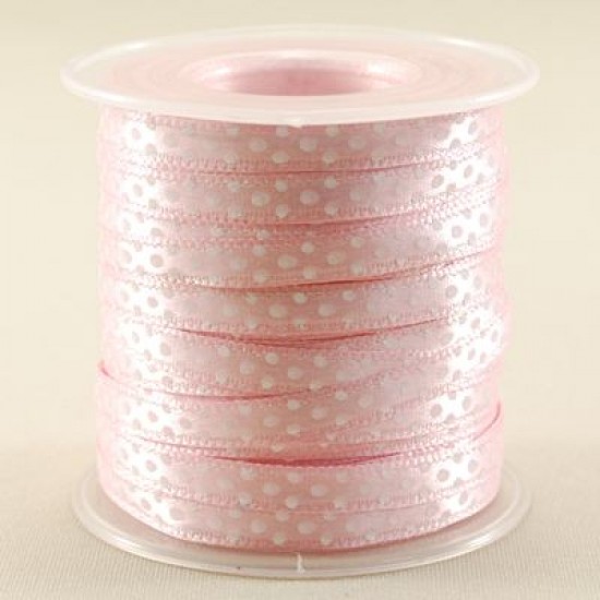 Pembe Beyaz Puantiyeli Saten Kurdela 0.6 Cm. X 40 Metre