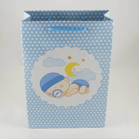 Erkek Bebek Resimli Mavi Karton Çanta 17X25 Cm 10 Adet