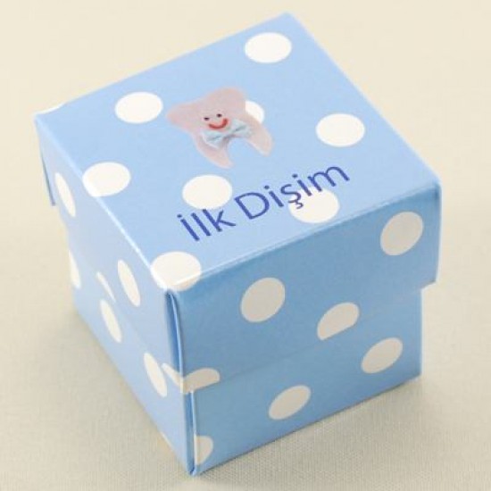 İlk Dişim Mavi Puantiyeli Kare Kapaklı Karton Kutu 5X5X5 cm 10 Adet
