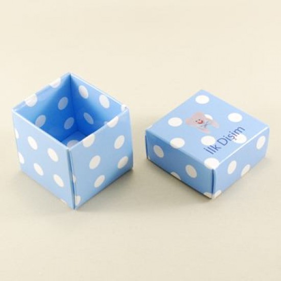 İlk Dişim Mavi Puantiyeli Kare Kapaklı Karton Kutu 5X5X5 cm 10 Adet