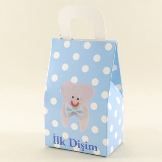 İlk Dişim Mavi Puantiyeli Karton Çerez Ve Şekerlik 11x7x4.5 cm 10 Adet