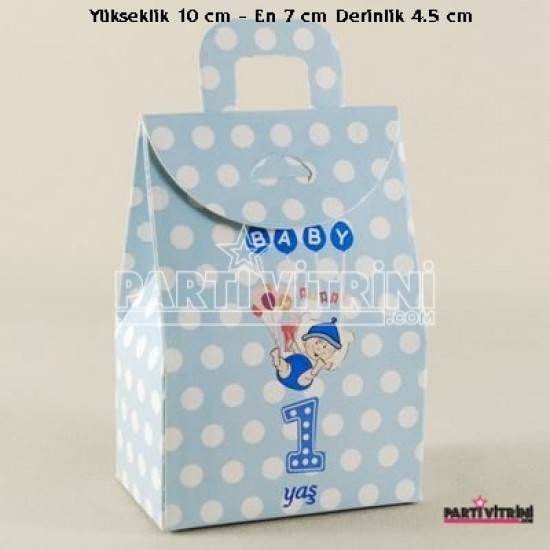 Bir Yaş Bebek Resimli Mavi Puantiyeli Karton Çerez Ve Şekerlik