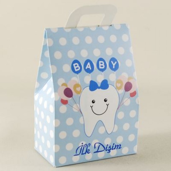 İlk Dişim Diş Görselli Mavi Puantiyeli Karton Çerez Ve Şekerlik