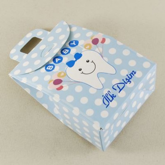 İlk Dişim Diş Görselli Mavi Puantiyeli Karton Çerez Ve Şekerlik