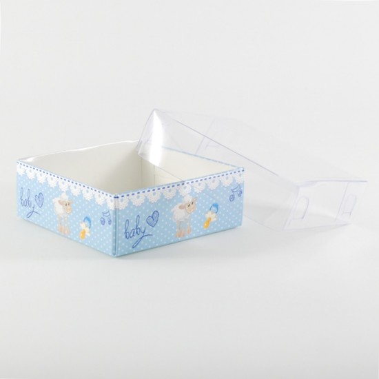 Erkek Bebek Baby Shower Kuzulu Asetat Kapaklı Kutu 8x8x3 Cm