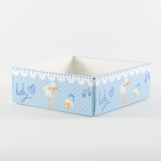 Erkek Bebek Baby Shower Kuzulu Asetat Kapaklı Kutu 8x8x3 Cm