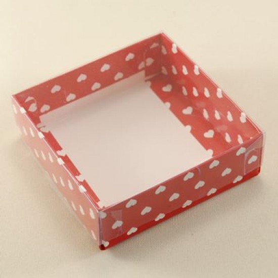 Kırmızı Üzerine Kalp Puantiyeli Asetat Kapaklı Kutu 9x9x3 Cm