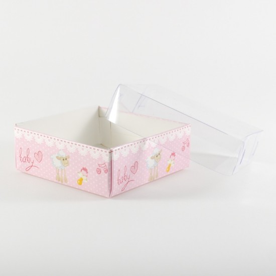 Kız Bebek Baby Shower Kuzulu Asetat Kapaklı Kutu 8x8x3 Cm