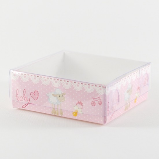 Kız Bebek Baby Shower Kuzulu Asetat Kapaklı Kutu 8x8x3 Cm