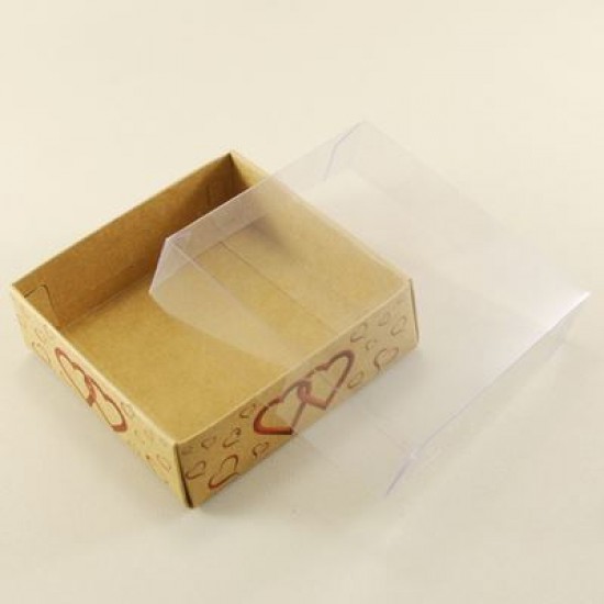 Kraft (Doğal) İçiçe Kalpli Asetat Kapaklı Kutu 8x8x3 Cm