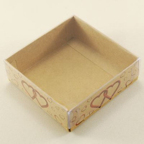 Kraft (Doğal) İçiçe Kalpli Asetat Kapaklı Kutu 8x8x3 Cm