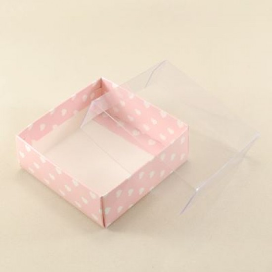 Pembe Üzerine Kalp Puantiyeli Asetat Kapaklı Kutu 8x8x3 Cm