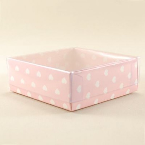 Pembe Üzerine Kalp Puantiyeli Asetat Kapaklı Kutu 8x8x3 Cm