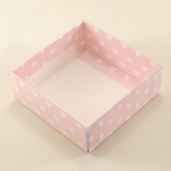 Pembe Üzerine Kalp Puantiyeli Asetat Kapaklı Kutu 8x8x3 Cm