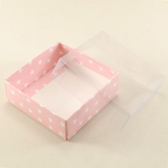 Pembe Üzerine Yıldız Puantiyeli Asetat Kapaklı Kutu 8x8x3 Cm