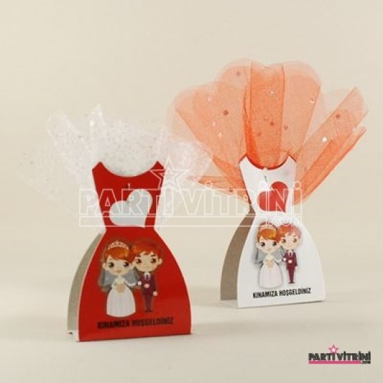 Kırmızı Ve Beyaz Tüllü Kutulu Kına Paketi 50 Adet