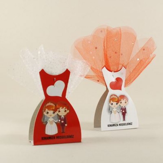 Kırmızı Ve Beyaz Tüllü Kutulu Kına Paketi 50 Adet