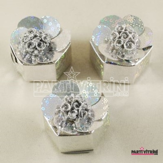 Üzeri Simli Çiçekli Altıgen Figürlü Gümüş Renk Kına Paketi 50 Adet