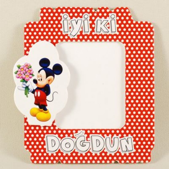 İyiki Doğdun Çiçekli Mickey Mouse Kırmızı Üzerine Beyaz Puantiyeli Magnetli Fotoğraf Çerçevesi