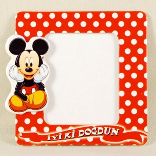İyiki Doğdun Oturan Mickey Mouse Kırmızı Üzerine Beyaz Puantiyeli Magnetli Fotoğraf Çerçevesi