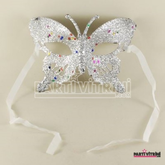 Gümüş Renk Simli Yıldızlı Kelebek Maske