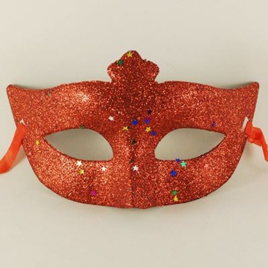 Kırmızı Renk Simli Yıldızlı Venedik Maske