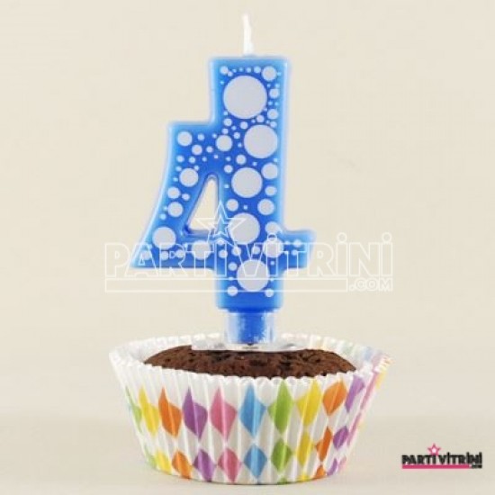 4 Rakamı Mavi Baloncuk Desenli Rakam Mum