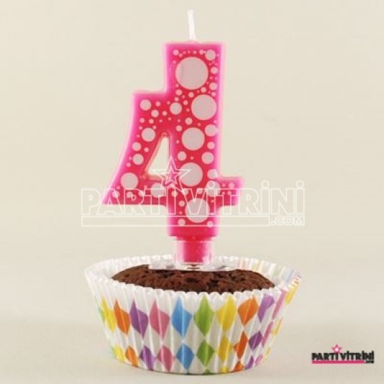 4 Rakamı Pembe Baloncuk Desenli Rakam Mum