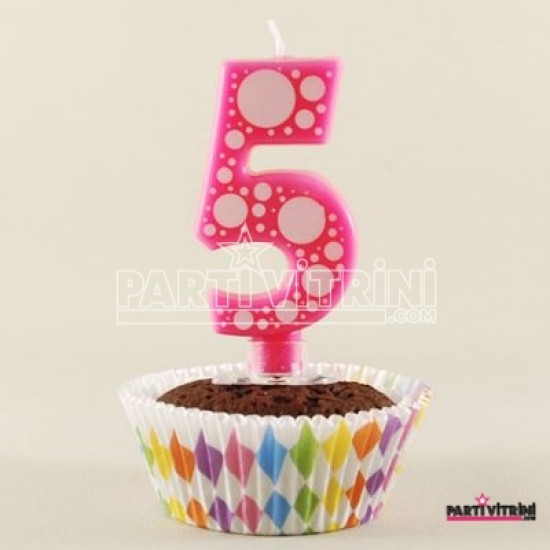 5 Rakamı Pembe Baloncuk Desenli Rakam Mum