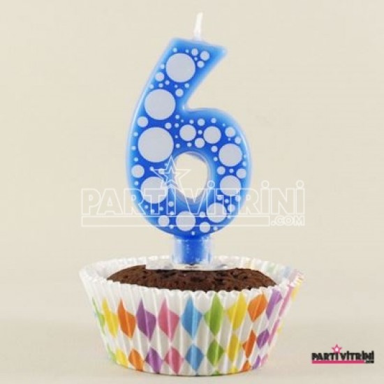 6 Rakamı Mavi Baloncuk Desenli Rakam Mum