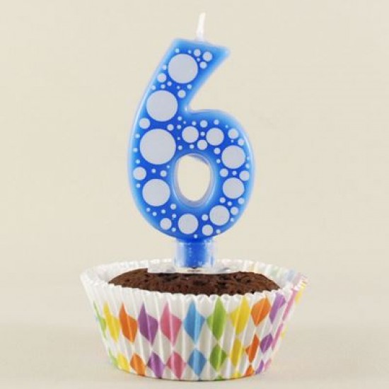 6 Rakamı Mavi Baloncuk Desenli Rakam Mum