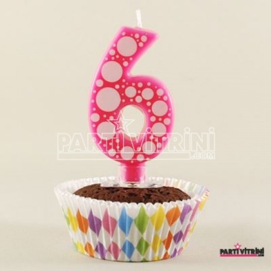 6 Rakamı Pembe Baloncuk Desenli Rakam Mum