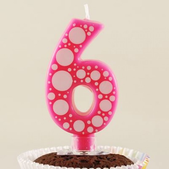 6 Rakamı Pembe Baloncuk Desenli Rakam Mum
