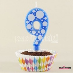 9 Rakamı Mavi Baloncuk Desenli Rakam Mum
