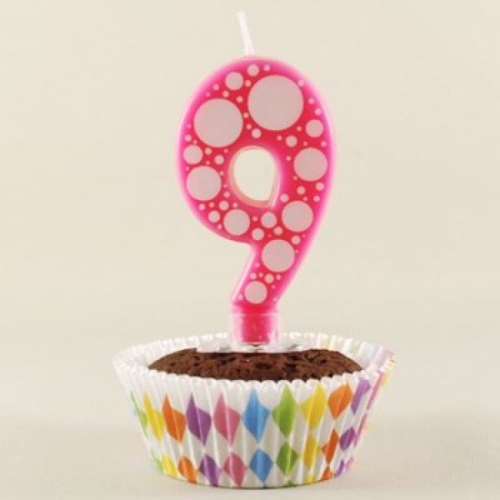 9 Rakamı Pembe Baloncuk Desenli Rakam Mum