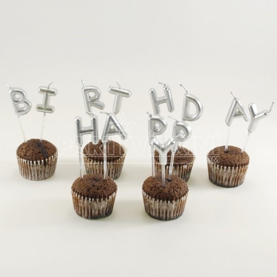 Happy Birthday Gümüş Renk Mum Seti
