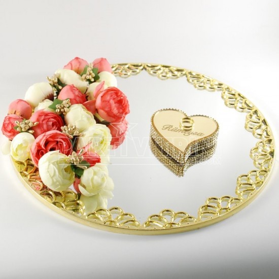 Ayna Nişan Tepsisi Altın Renk Çiçek Süslemeli